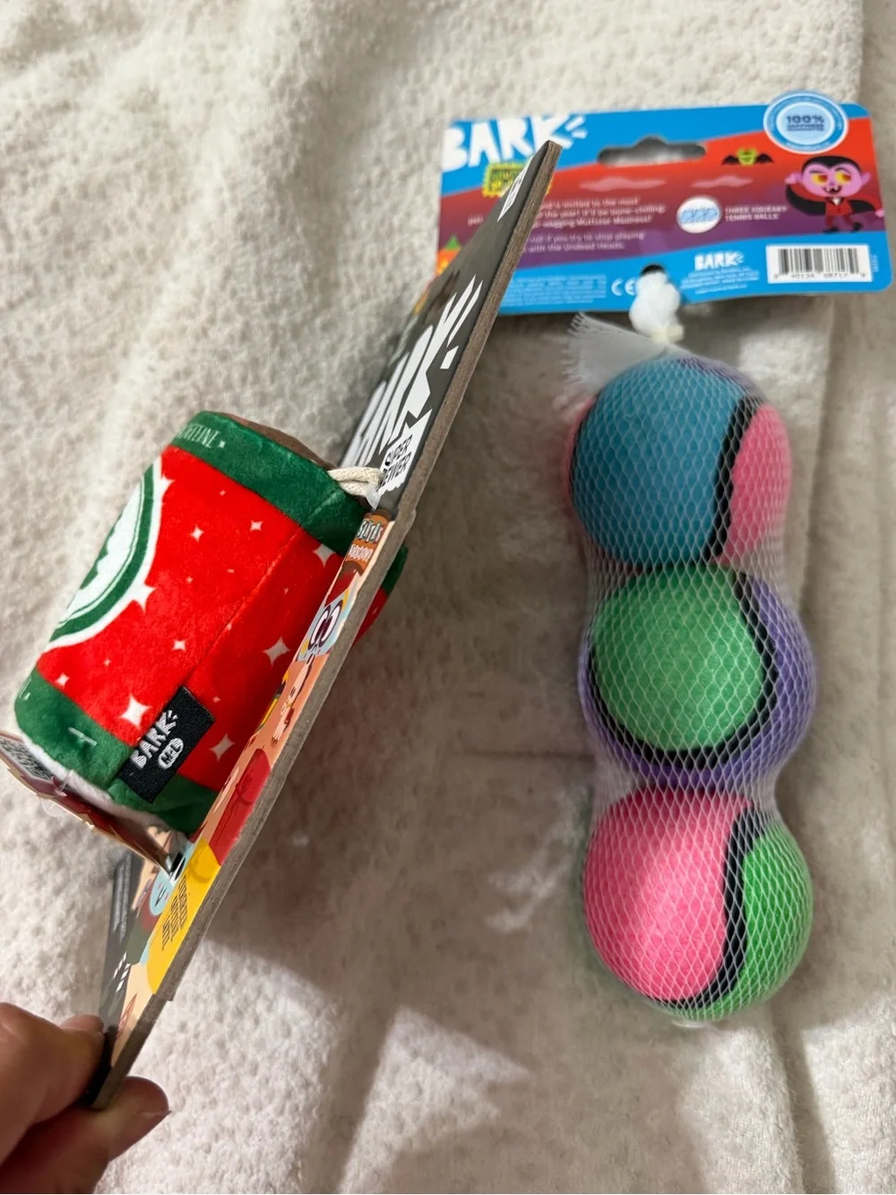Bark Super Chewer Holiday Latte Plush Toy and tennis ball bundle set